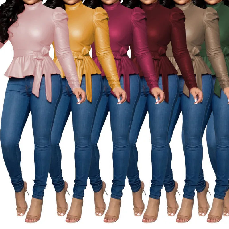 Женский топ из искусственной кожи размера плюс со стоячим воротником и пышными