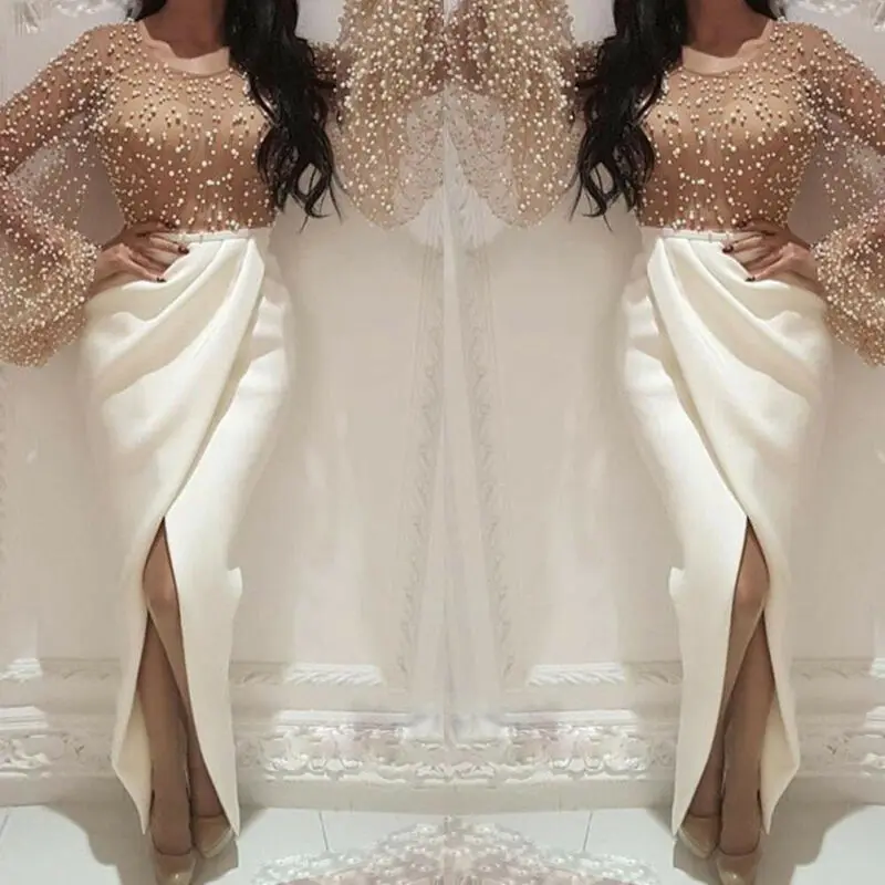 Модное женское Платье макси с разрезом Прозрачное платье длинным рукавом модное