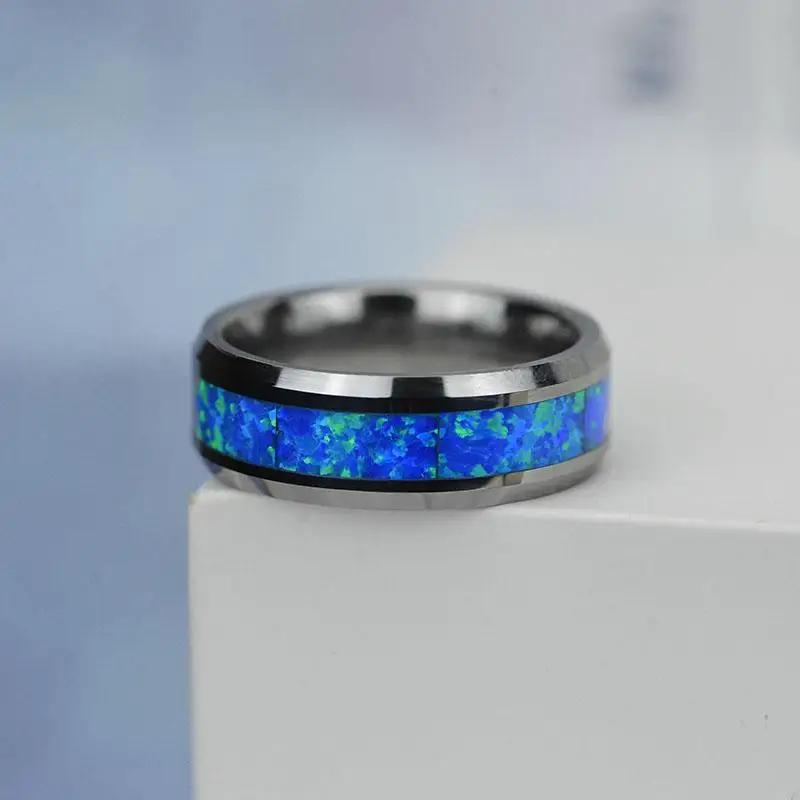 Модное роскошное мужское кольцо 8 мм из нержавеющей стали с Синим Опалом и