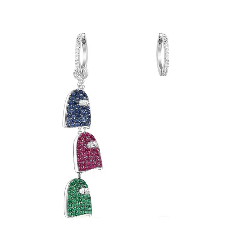 

SOELLE 925 Sterling Silver Colorful Cubic Zirconia GHOST GANG Asymmetric Earrings Women Girl Fine Jewelry Love 80's Collection