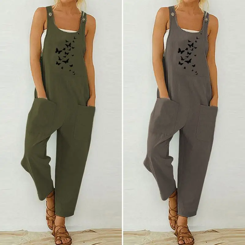 

2021 Fashion Tunic Summer Jumpsuits ZANZEA Harem Sleeveless Solid Casual Rompers Women Printed Overalls Playsuits