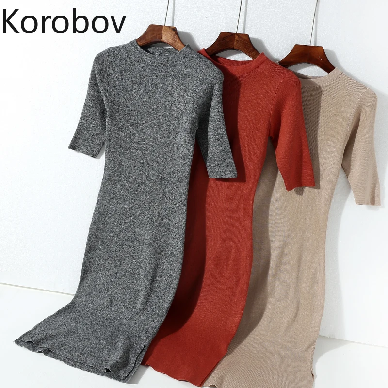 Корейское шикарное однотонное женское платье Korobov с круглым вырезом винтажные