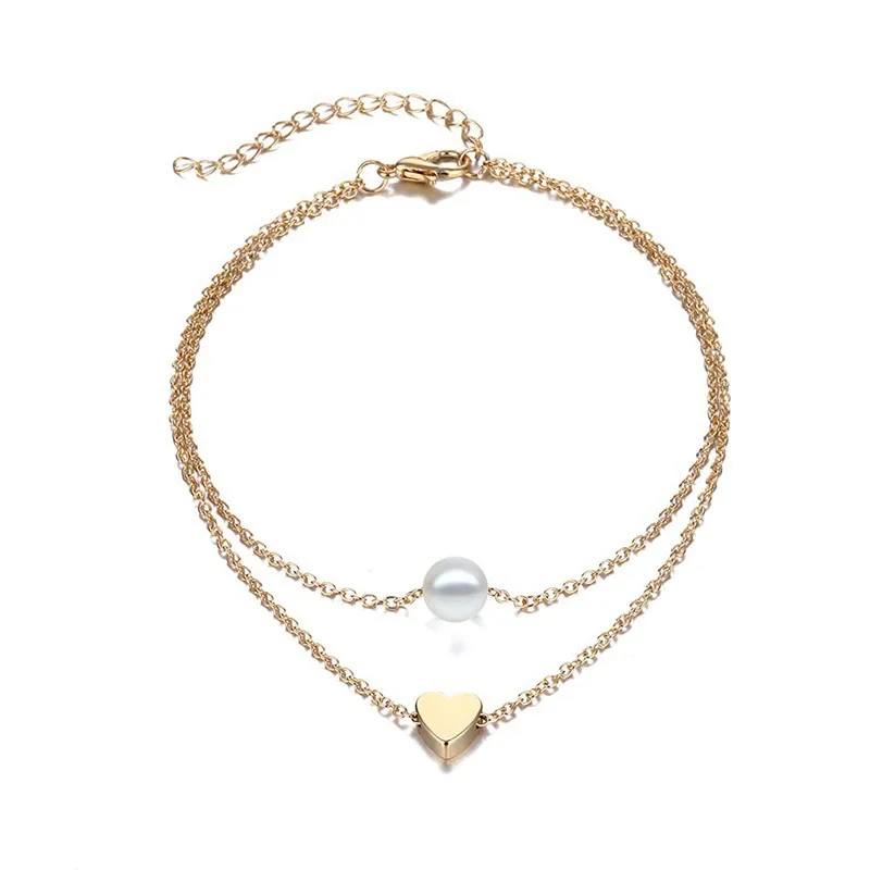 

Simple and fashionable pearl heart chain double layer peach heart chain anklets for women Europe and America