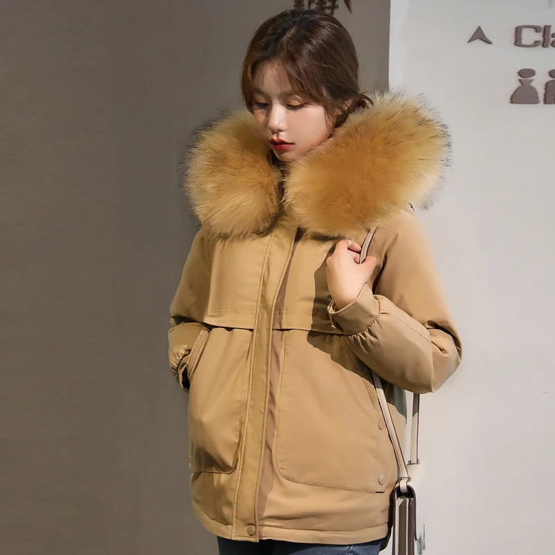 

Женская куртка на шерстяной подкладке, однотонная короткая куртка с капюшоном и большими карманами, парка в Корейском стиле, 2021