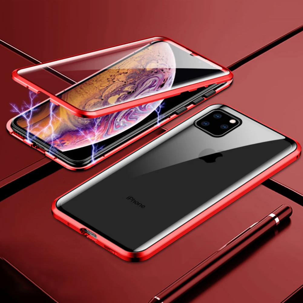 Transparent Red Магнитный металлический чехол из стекла для iPhone XS MAX XR X 7 8 Plus 11 двухсторонний Магнитный защитный чехол из закаленного стекла для samsung - Цвет: Transparent Red