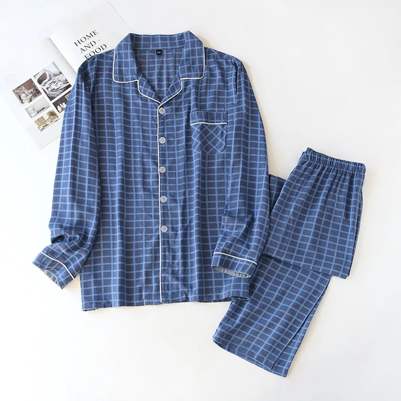 

New spring and autumn men's viscose pajamas summer long-sleeved trousers sets thin cotton plaid home service men two-piece suit