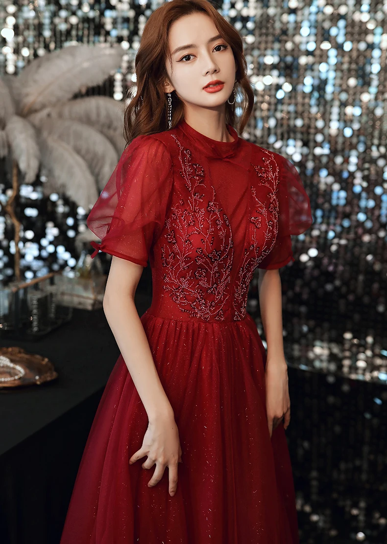 Женское вечернее платье с круглым вырезом AnXin SH винно-Красное Кружевное длинное