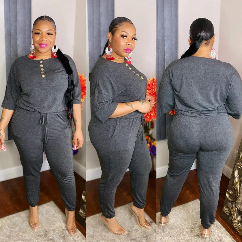

XL-5XL Solid Color Jumpsuit Plus Size Women's Three-Quarter Sleeves With Button Pockets Loose Casual Trousers Jumpsuit 2021 New