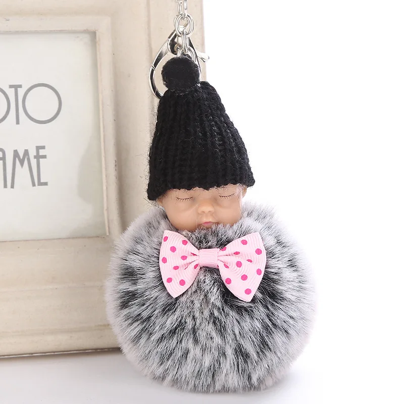 Кольцо для ключей с бантом и помпоном из искусственного кроличьего меха|Брелоки|