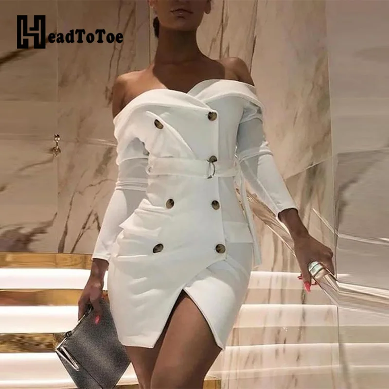 Однотонное двубортное платье блейзер с разрезом женское мини на пуговицах