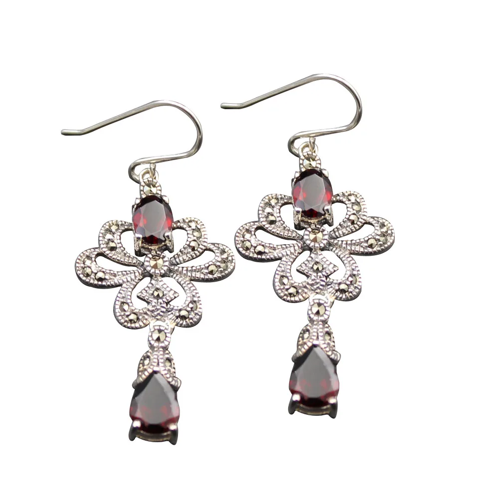 

2021 New Fashion 925 Sterling Silver Jewelry Red Water drop Garnet earrings with Silver flower shape mosaic for Women