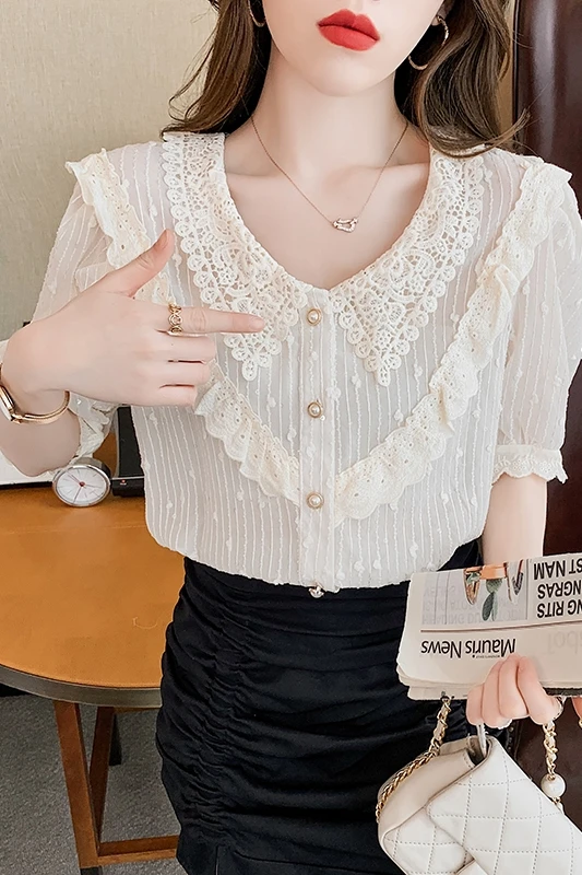 

COIGARSAM Ruffles korean blouse women New Summer Lace Puff Sleeve Hollow Out V-Neck blusas womens tops and blouses White Apricot