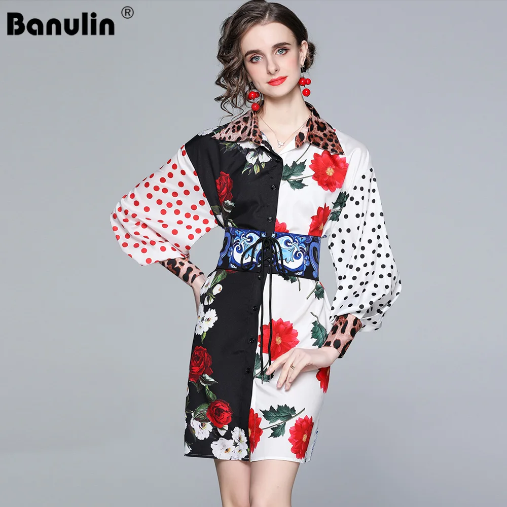 

Banulin 2021 Summer Runway Elegant Shirt Dresses Women Turn-down Collar Leopard Dots Floral Print Belt Loose Short Dress
