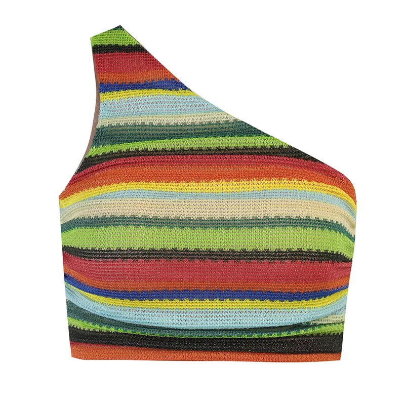 

Striped colored one-shoulder strap slim pleated short vest sexy open-button trend y2k top women neon store clothes satin 21156