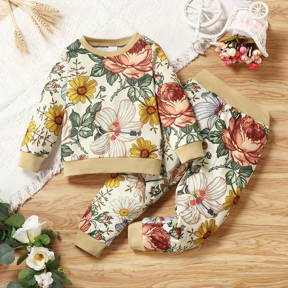 

Kids Girl Floral Set 2PCS Cotton Sweatshirt T-shirt Outfits Baby Boys Full Sleeves Sleepwear Children Spring Fall Clothes 2-8Y