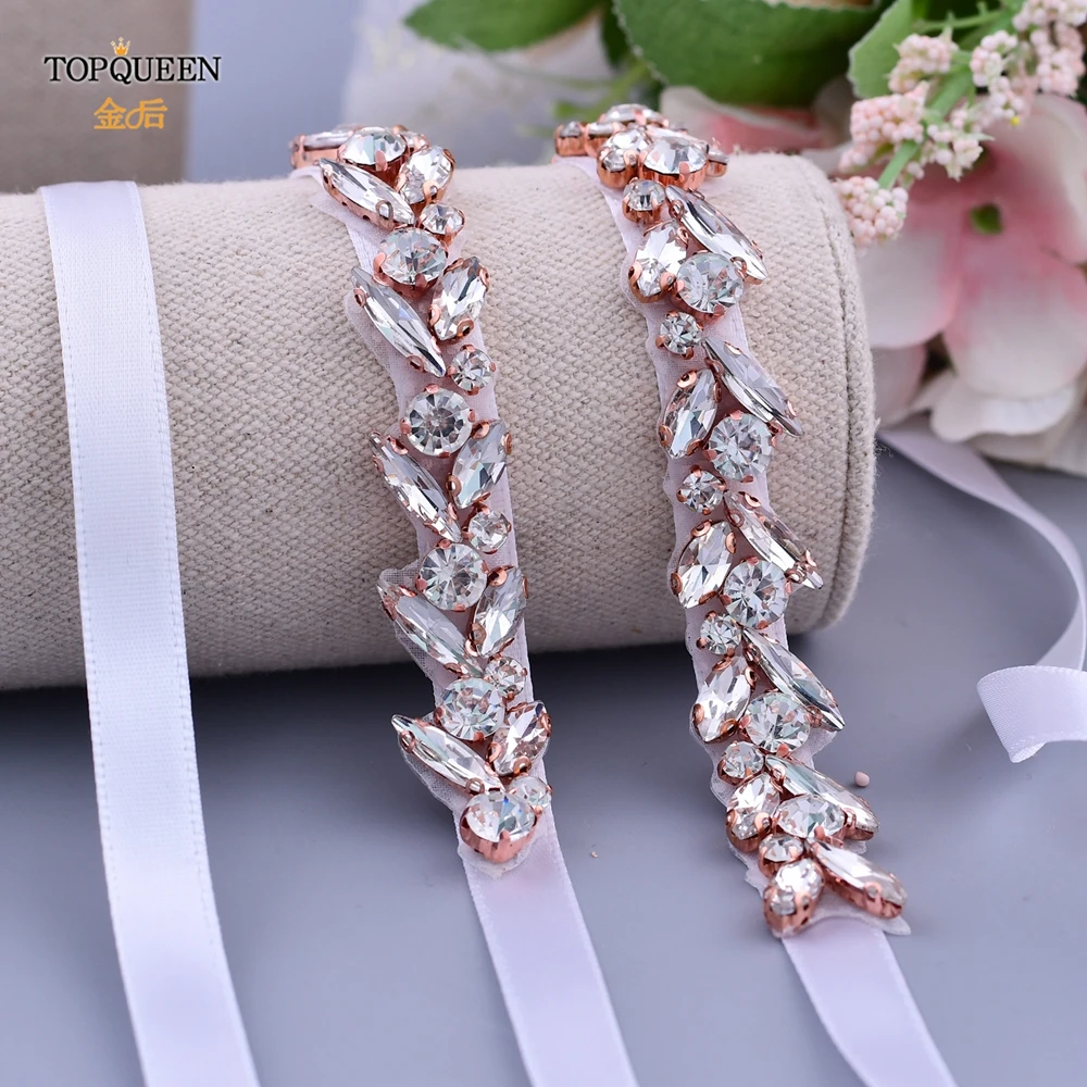 

TOPQUEEN S468 Luxury Silver Rose Gold Bride Belt Rhinestone Applique Fashion Belts Women's Belt Jewelery Belt Sparkly Belt