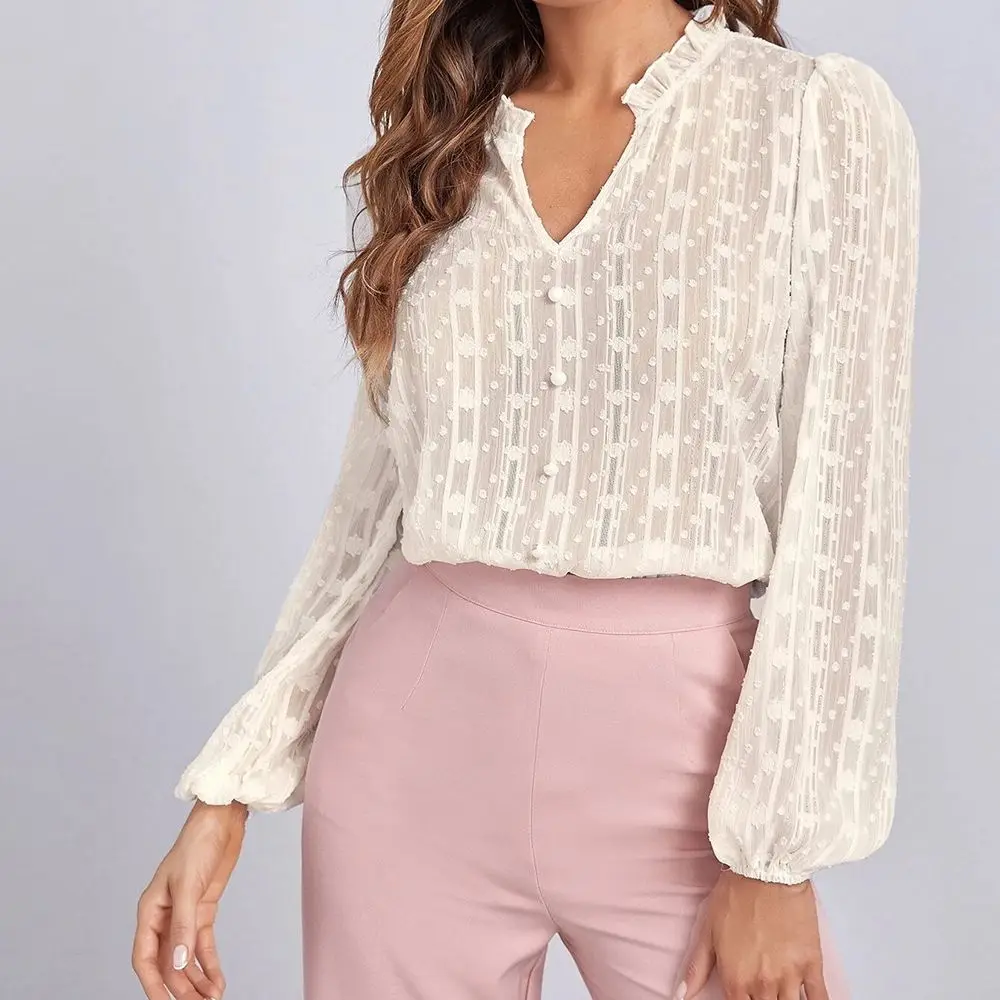 

Spring and Autumn Women's V-neck Long Sleeve Chiffon Striped Lace Stitching Shirt Casual Hedging Temperament Commuter Tops
