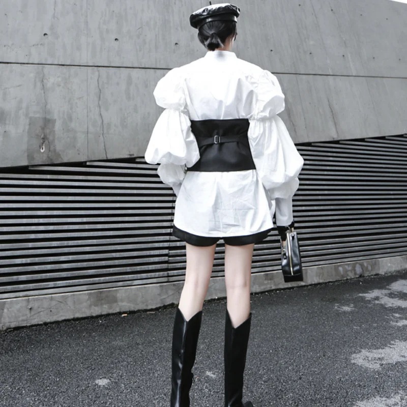 

Vintage Chic Puff Long Sleeve Women Blouse Spring New Loose Single Breasted Shirts Office Lady Fashion Design Blusas with Belt