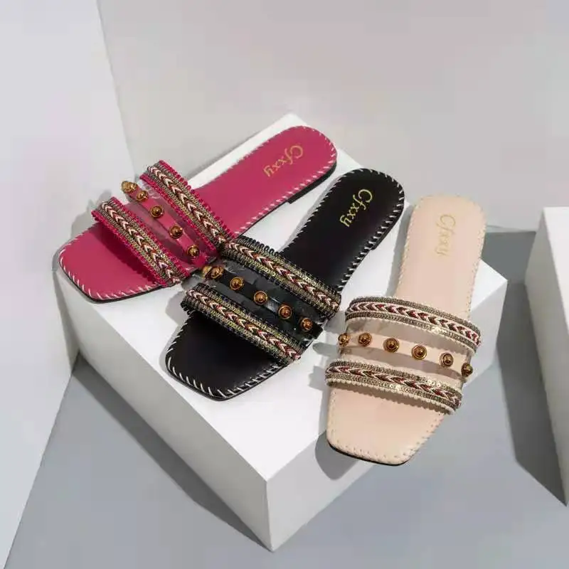 

Summer Shoes For Women 2021 Adult Sewing Indoor Slides Fashion Flat Rubber Slipper Female Casual Home Slippers Black Sandals