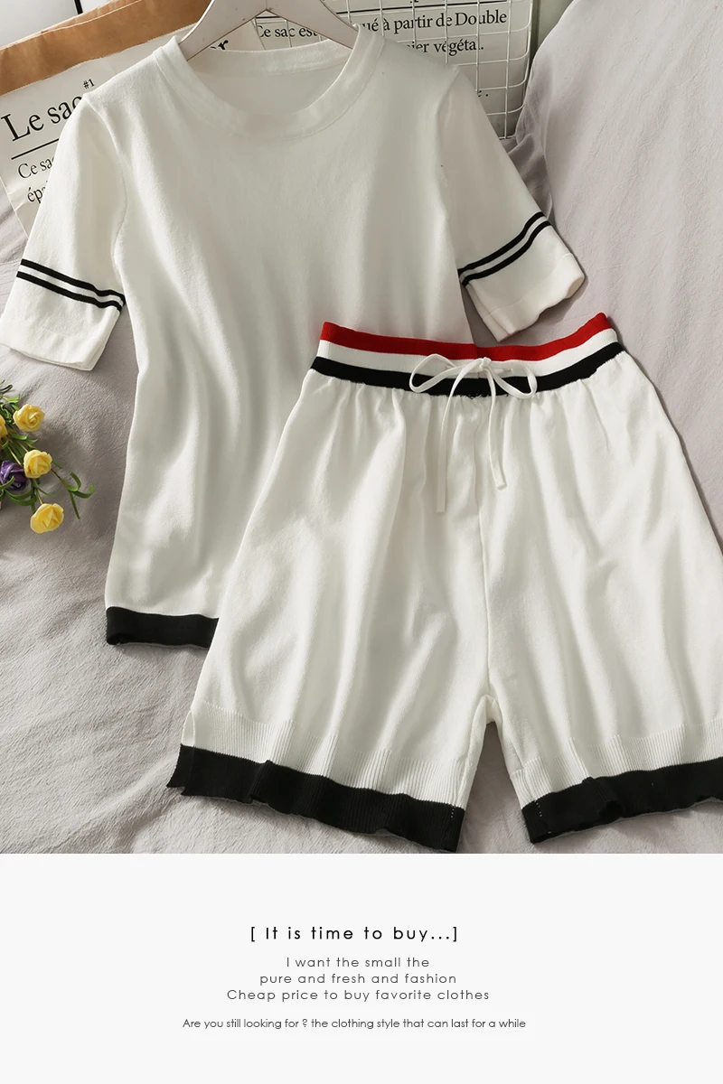 

Suit female 201 summer color matching striped elastic waist tie thin shorts round neck wild short-sleeved knitted T-shirt