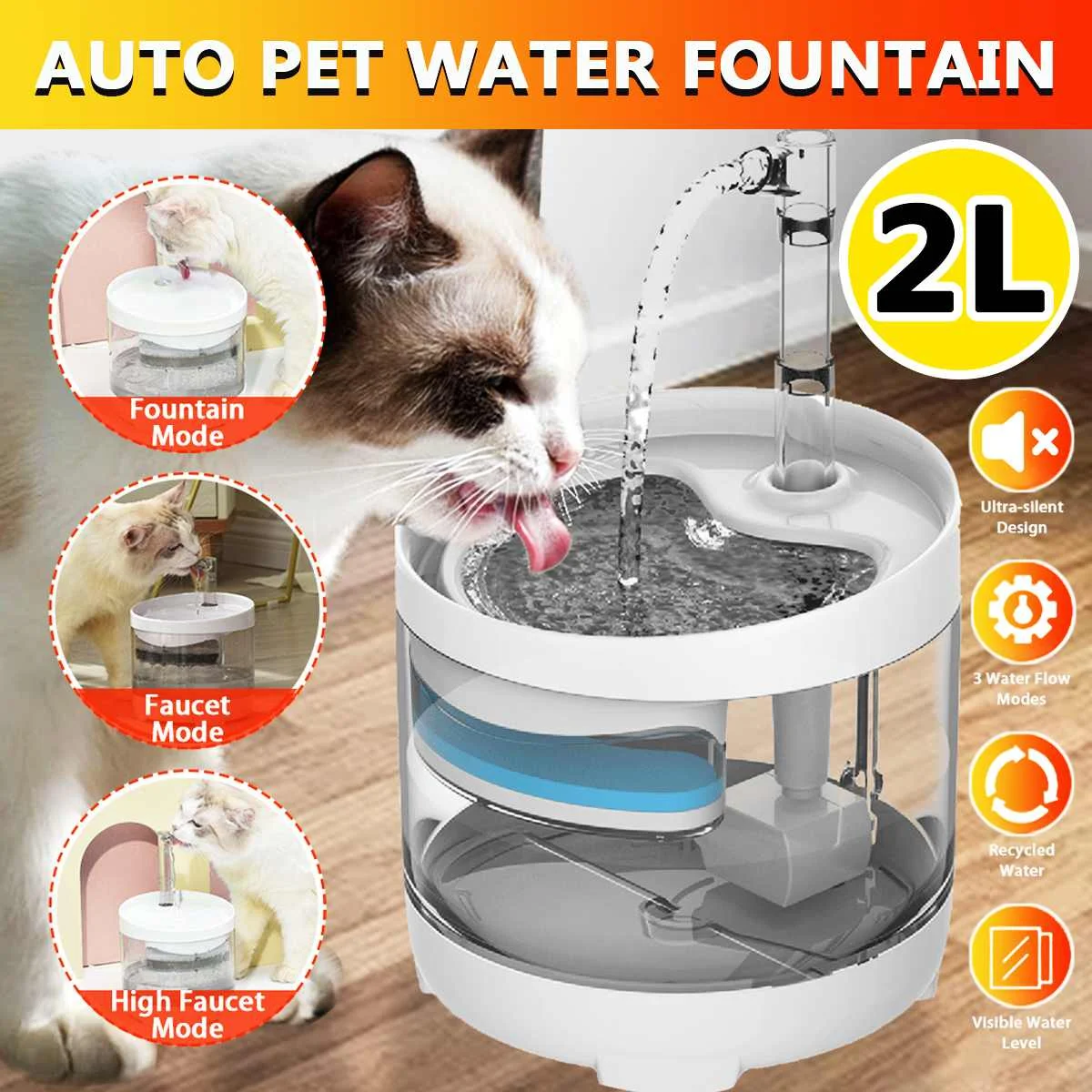 

2L Transparent Automatic Cat Water Fountain Electric Mute Water Feeder Dog Pet Drinker Bowl Pet Drinking Dispenser For Cat Dog