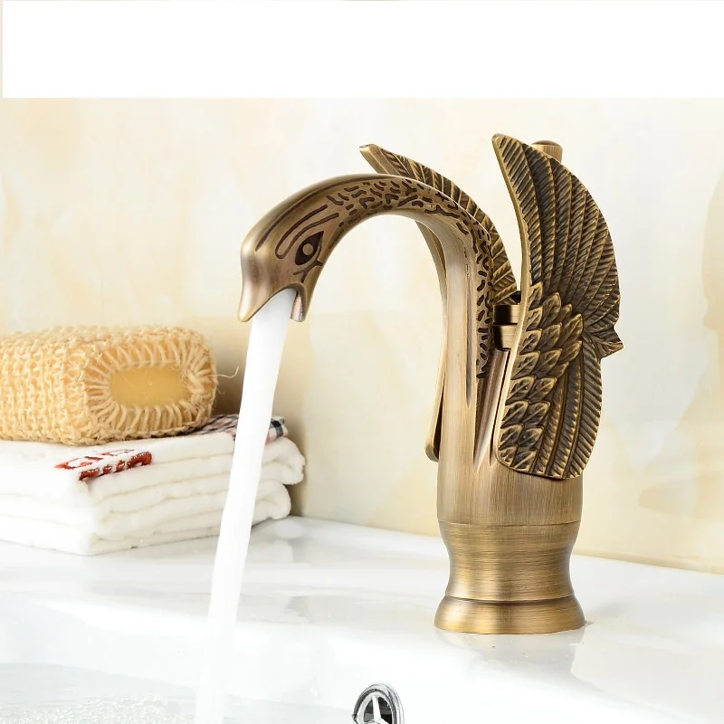 

All copper European antique swan bathroom toilet single hole basin hot and cold water faucet
