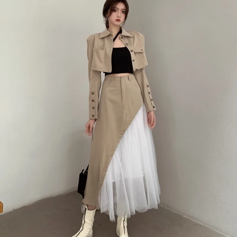 

High Quality New Autumn Casual Two Piece Set Women Short Jacket Coat Crop Top + Long Skirt Sets Fashion Streetwear 2 Piece Suits