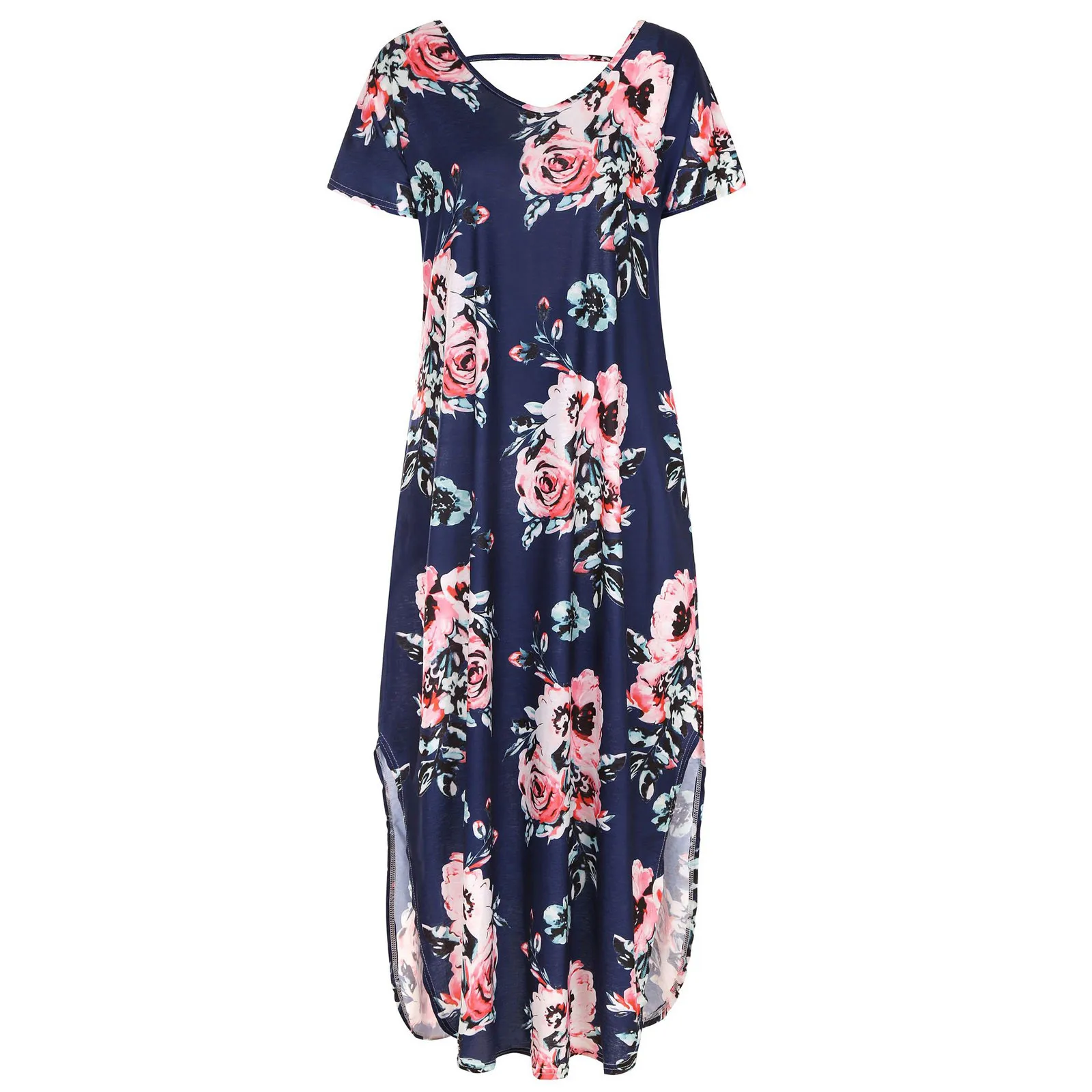 

Traf Summer Dress Women's Casual Print Flowers Short Sleeve V-Neck Loose Pocket Ankle-Length Plus Size Long Dress Ladies Clothes