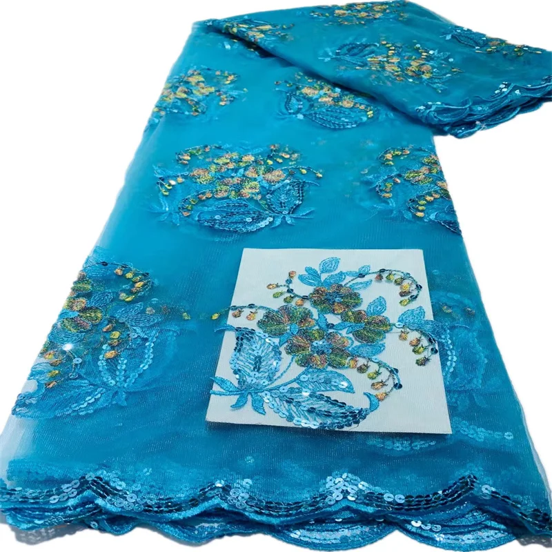 

African Lace Fabric 2021 High Quality Sky Blue French Net Embroidery 3D Sequins Tulle Lace Fabric For Nigerian Party Dress