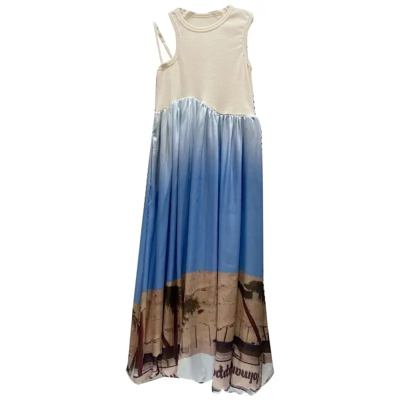 

Women Elegant Off The Shoulder White Dresses 2021 Summer Sleveless Stitching Vest Dress Female Adjustable Shoulder Strap Dress