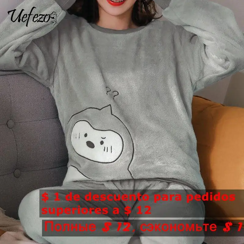 

Autumn Winter Women Sweet Pajama Sets Long Sleeve Top and Pants Panda Print Cute Coral Fleece Warm Sleepwear Girly Soft Pyjamas