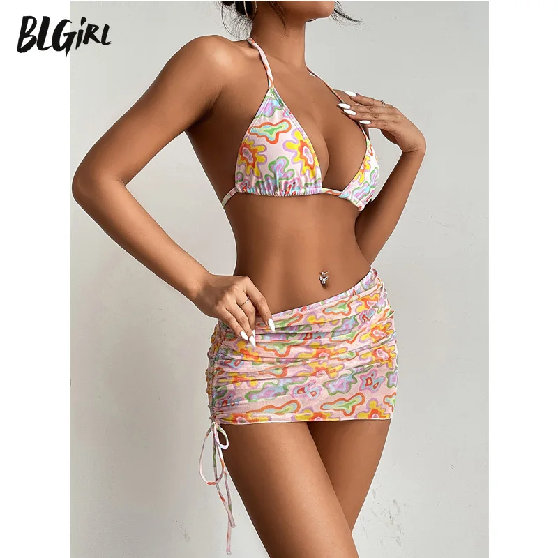 

BLG 3 Piece Bikini Set Floral Print Sexy Strappy Halter Swimsuit Bathing Suit Women Swimming Suit Brazilian Sexy Swimwear 2021