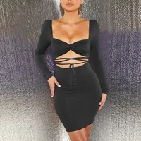 ruched bodycon dress woman long sleeve v neck drawsting dresses night club hollow out sexy fashion evening party dress