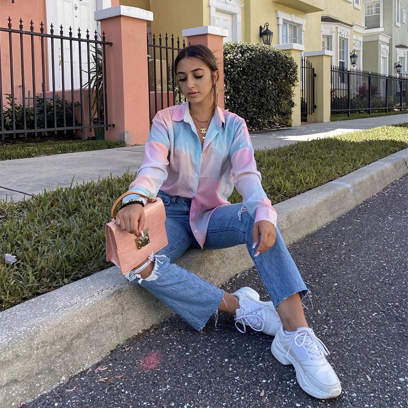 

Women Office Lady Tie-dye Streetwear Blouse Long Sleeve Turn Down Collar Elegant Casual Shirt 2020 Autumn New Fashion Women Tops