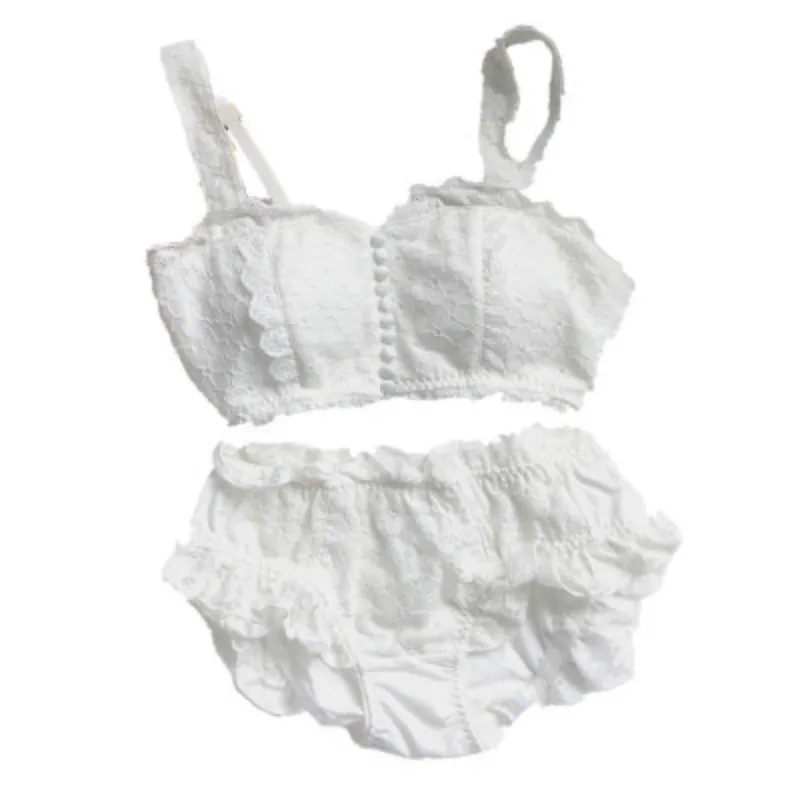 

Women's Bra Set Vintage Sexy Lace Bra Sets Fairy White Button Lingerie Set Tube Top Embroidered Underwear Ruffled Panties Suit