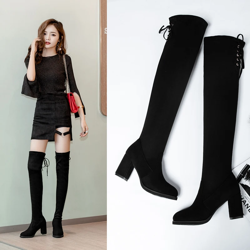 Модные женские сапоги Сезон весна зима Качественные Замшевые Сапоги выше колена