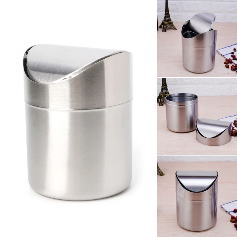 

Stainless Steel Desk Trash Bin Countertop Waste Can With Swing Lid 1.5 L P15D