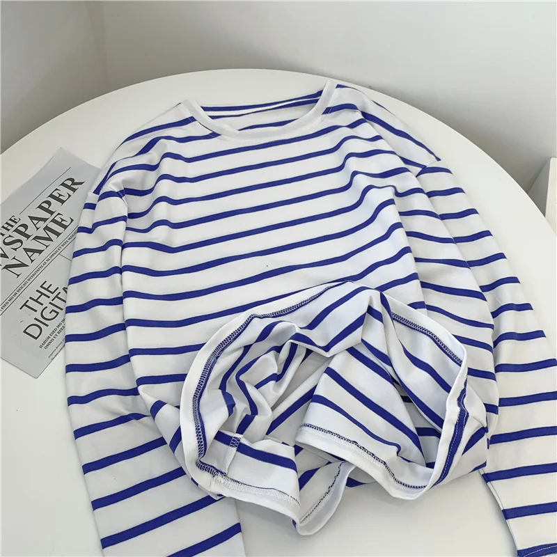 

Blue and White Striped Loose Long Sleeve round Neck T-shirt Bottoming Shirt Women Early Autumn Loose Large Size Casual
