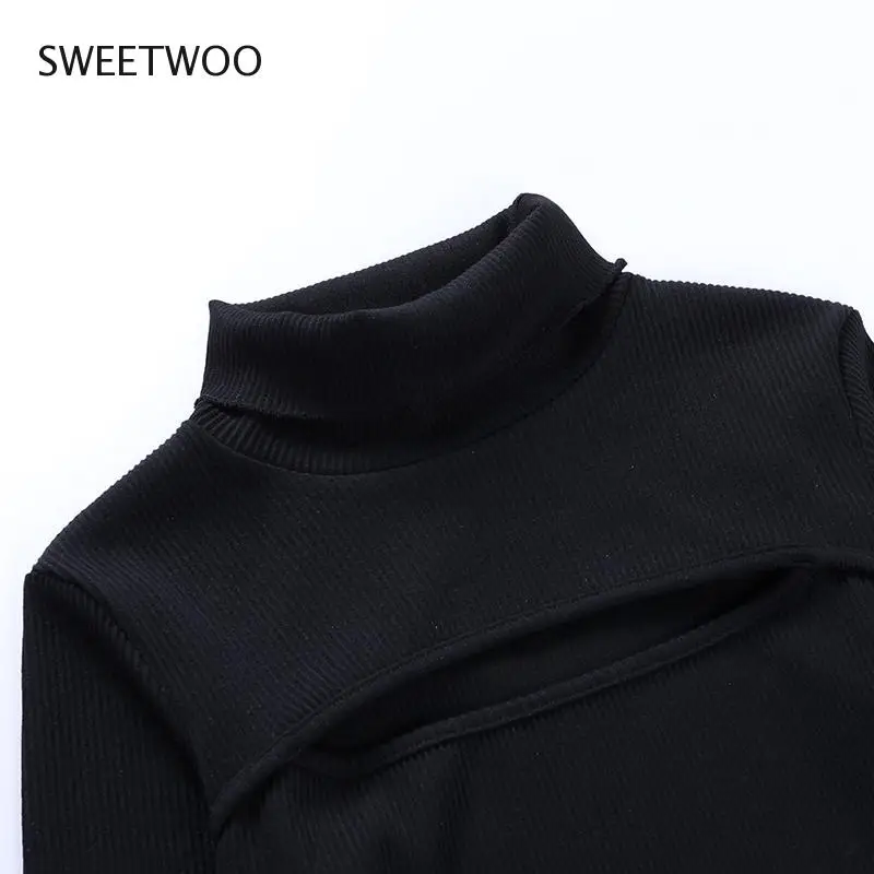 

Women's T-Shirts Long Sleeve Sexy Slim Autumn Turtleneck Black Casual Women Shirts Elastics Hollow Out Hole Streetwear