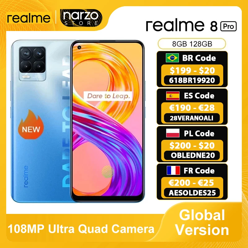 В наличии глобальная версия Realme 8 Pro смартфон ГБ 128 6 4 ''Экран 108MP ультра Quad