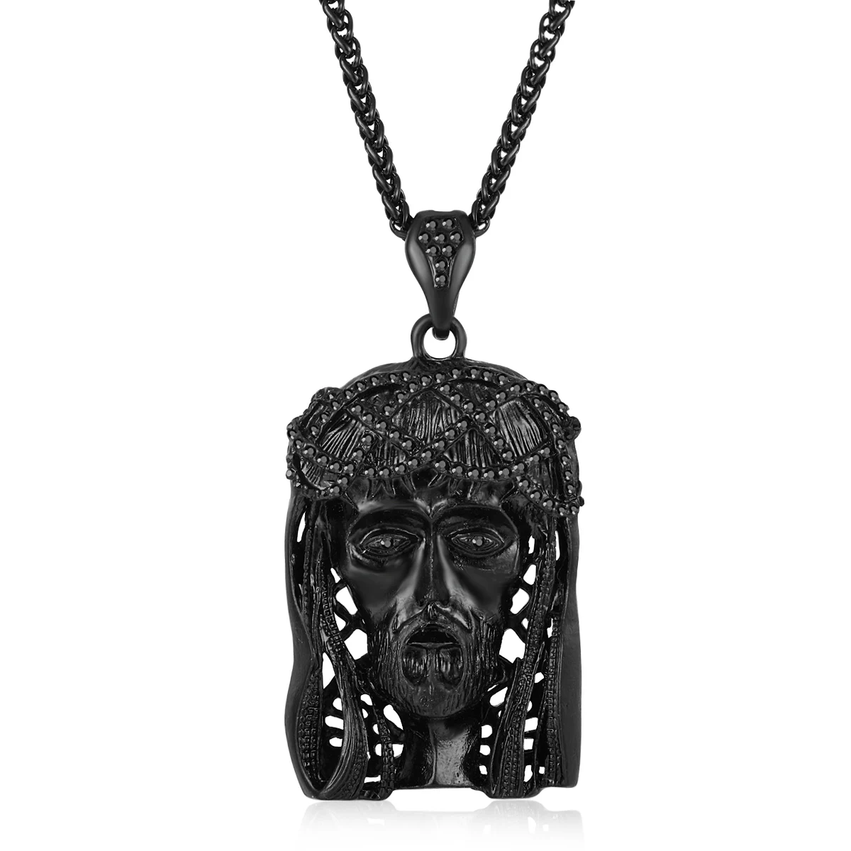 

Hip Hop Jesus Head Necklace for Men Statement Punk Long Rope Chain Rhinestone Religious Pendant Costume Cocktail Club Jewelry