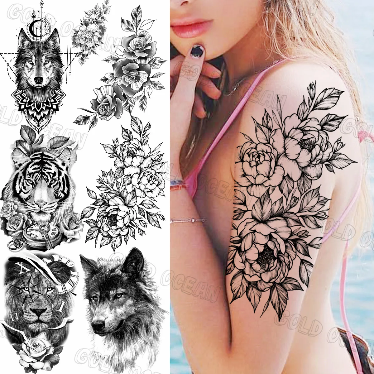 

Large Black Peony Flower Temporary Tattoos For Women Men Realistic Wolf Tiger Lion Thigh Fake Tattoo Sticker Sexy Arm Tatoo