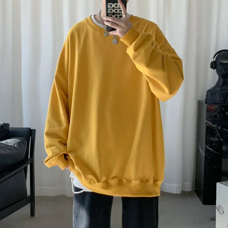 

Spring and autumn solid color pullover sweater men's bottoming shirt round neck long-sleeved T-shirt loose top coat trend