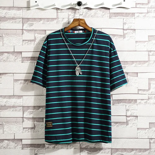 Navy Blue Хлопковая черная полосатая футболка для фитнеса, мужская Белая Летняя уличная футболка Харадзюку, свободная хип-хоп Повседневная футболка, мужская мода - Цвет: Navy Blue