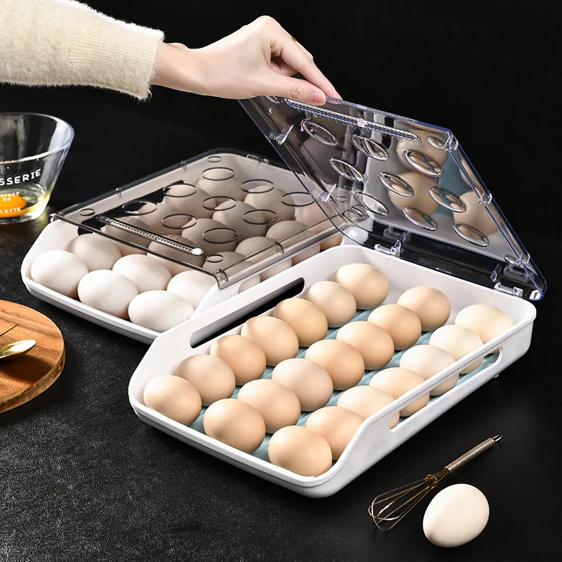 

New Automatic Rolling Egg Box Kitchen Items Refrigerator Storage Organizer Household Transparent Drawer Tray Space Saver