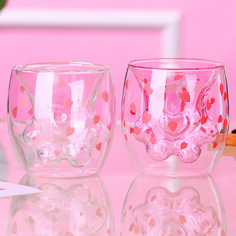 

Cat Claw Cup Creative glass Double day Coffee Milk Cup Cherry blossom Powder Household Transparent insulation Glass Water Cup