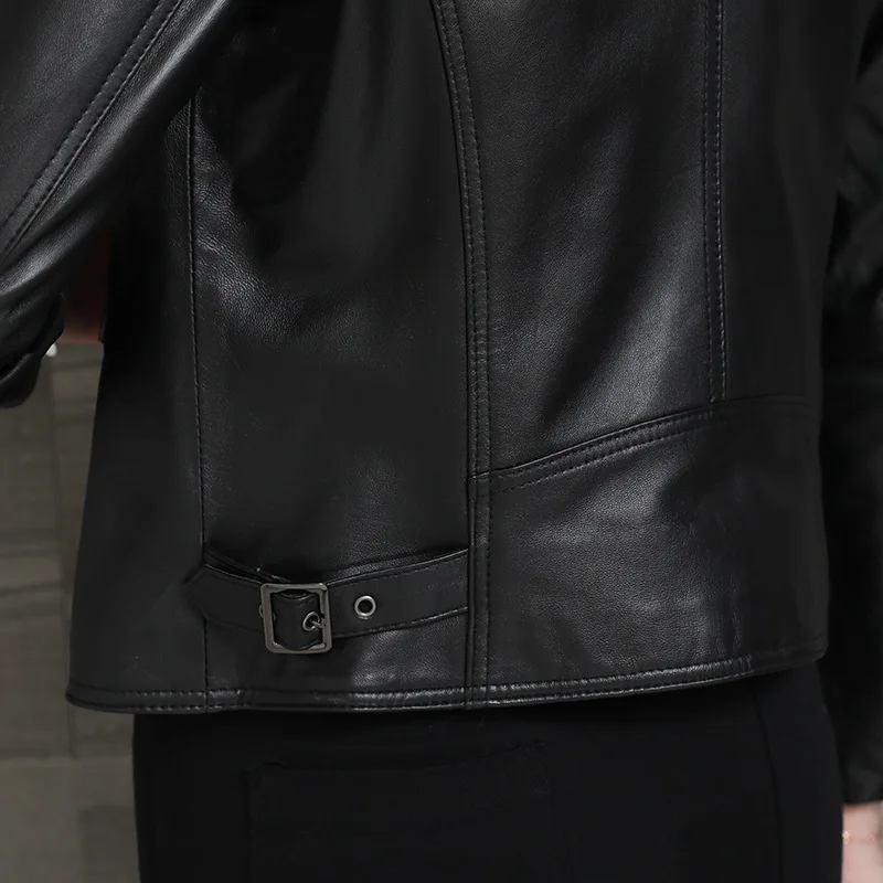 Short Black Slim Women Sheepskin Genuine Leather Coat Classic High Quality Lapel Oblique Zipper Motorcycle Streetwear Jacket