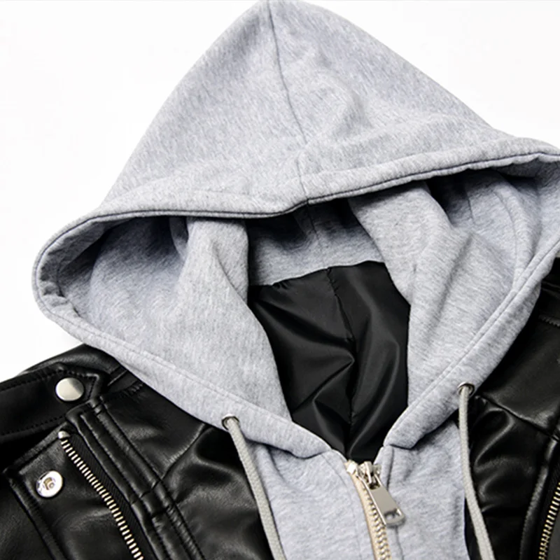 

PU Faux Leather Hooded Panelled Patchwork Women Coats Zipper Pockerts Drawstring Female Outwear Winter Female Streetwear Clothes