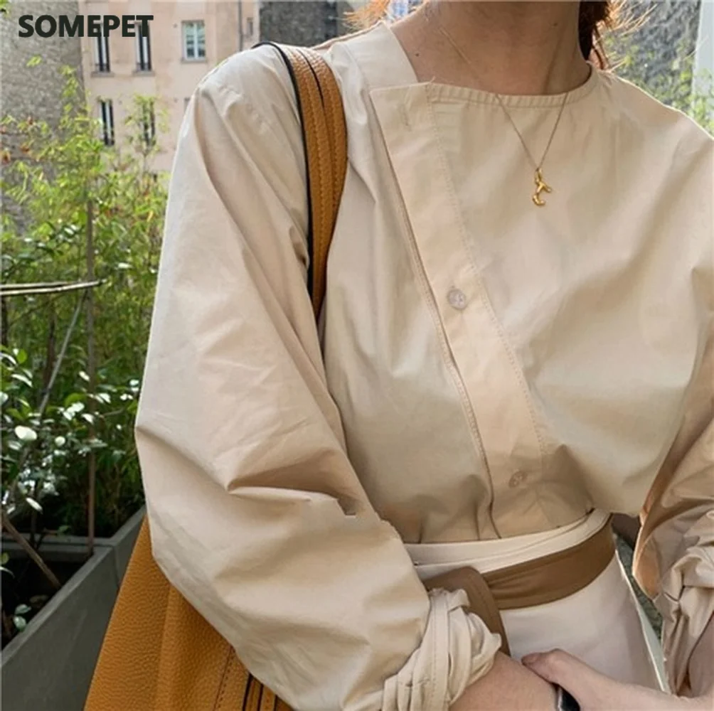 

Beveled Single-breasted Blusas Mujer De Moda Casual Long-sleeved Women Blouses Korean Fashion Clothing Loose Shirts