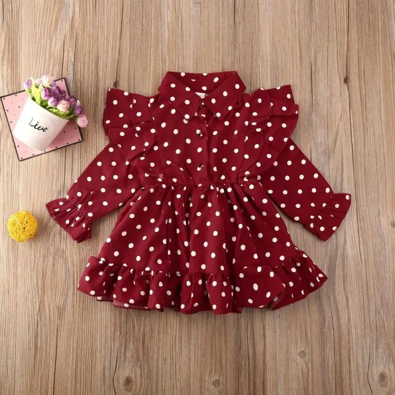 1-7Years Christmas Toddler Kid Baby Girl Clothes Ruffle Swing Dress Dots Party Dresses | Детская одежда и обувь